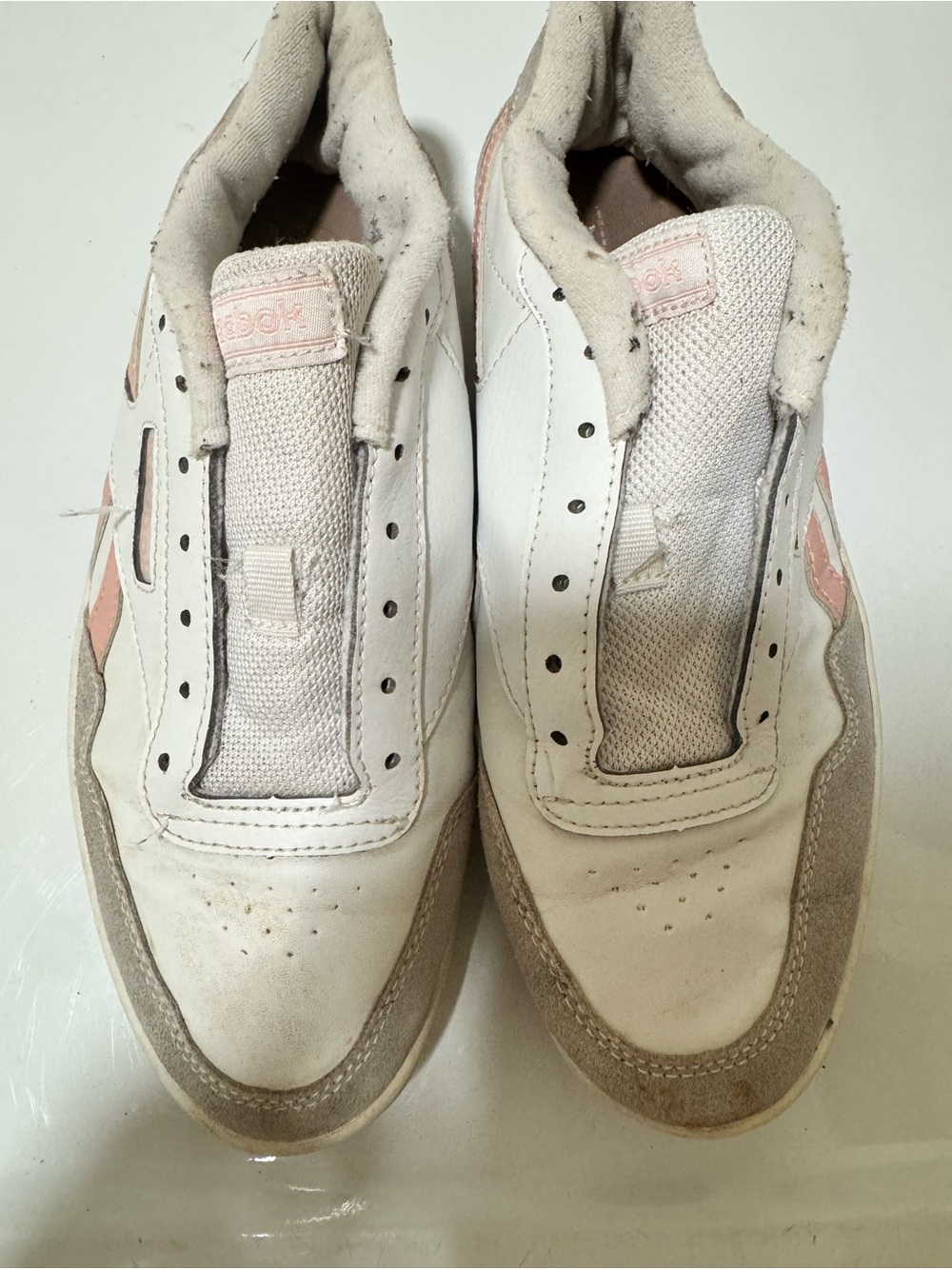 Reebok Women’s White and Light Pink Leather Sneakers
